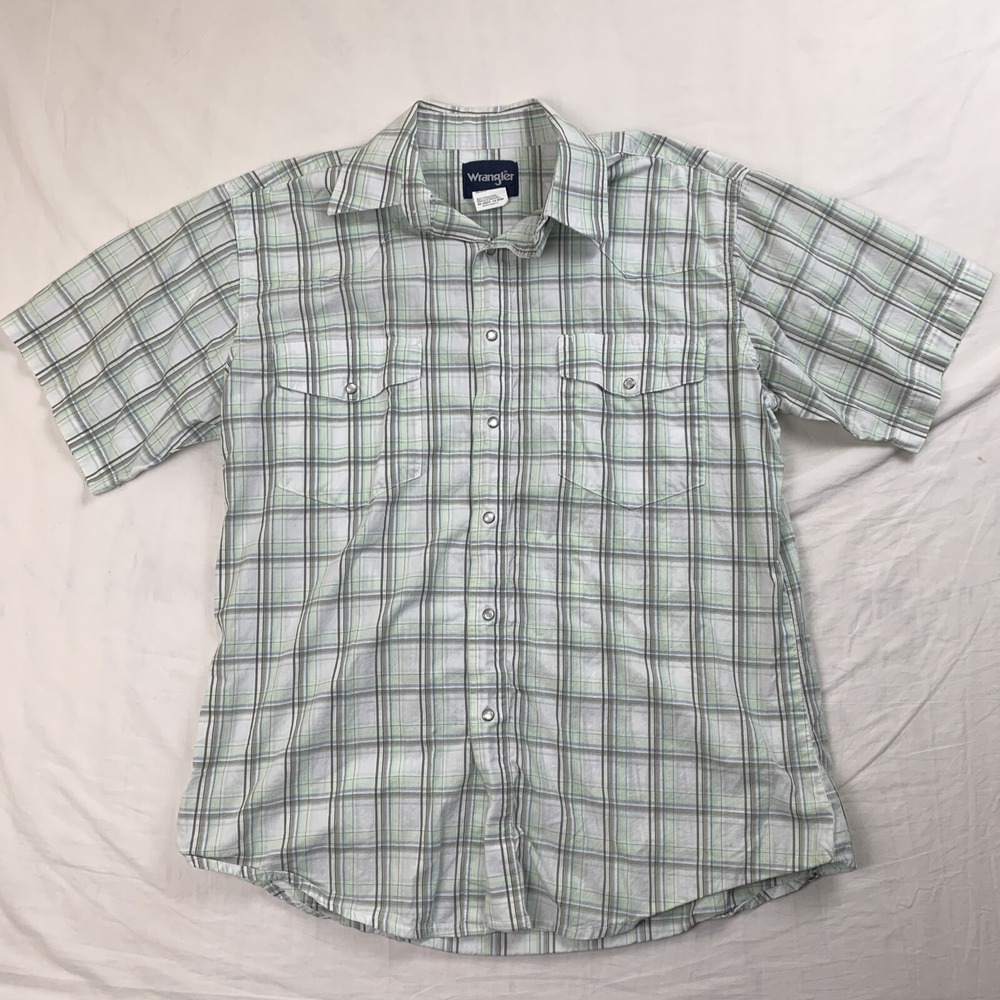 Wrangler Western Shirt Mens L Large Short Sleeve Pearl Snap Cowboy Plaid Beige